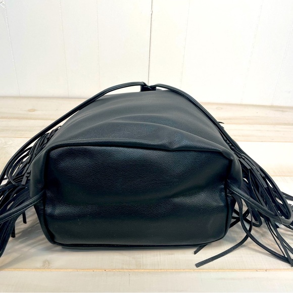 Victoria’s Secret NWT Black Faux Leather Fringe Drawstring Backpack Vegan - Picture 7 of 9